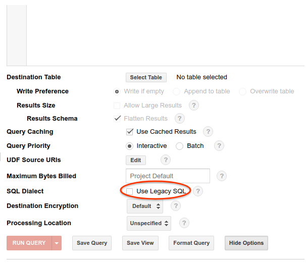 Uncheck “Use Legacy SQL”