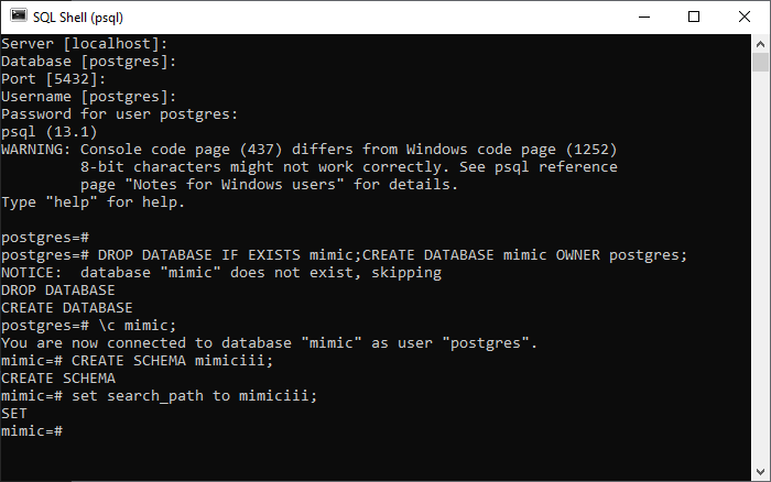 Screenshot of creating database, schema, and setting the path.